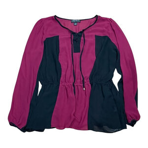 Forever 21 Plus Top Womens 1X Purple Black Long Sleeve Boho Peasant Blouse Tie